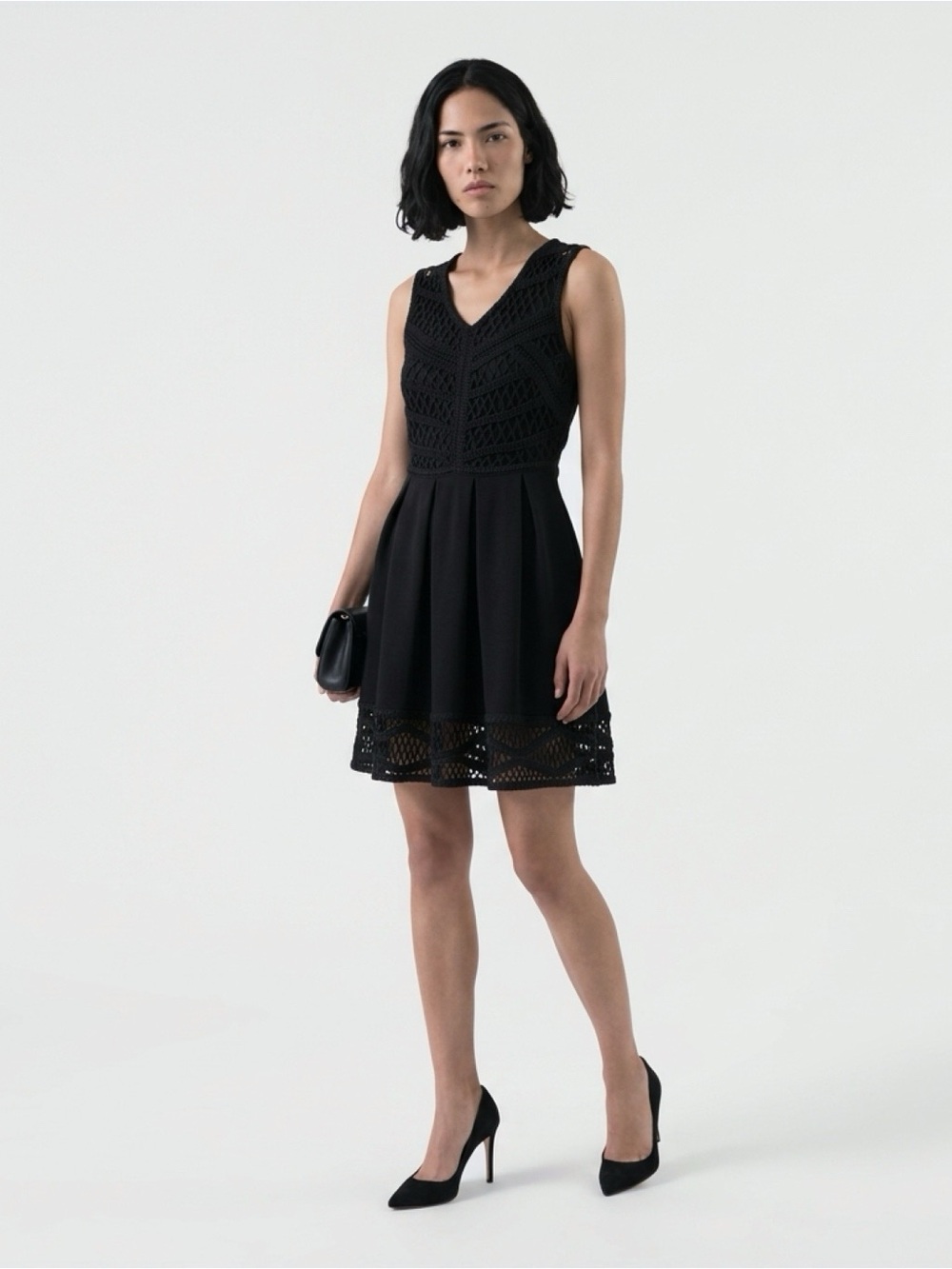 Maje Short Knit Skater Dress with Crochet Panels Black Size 1